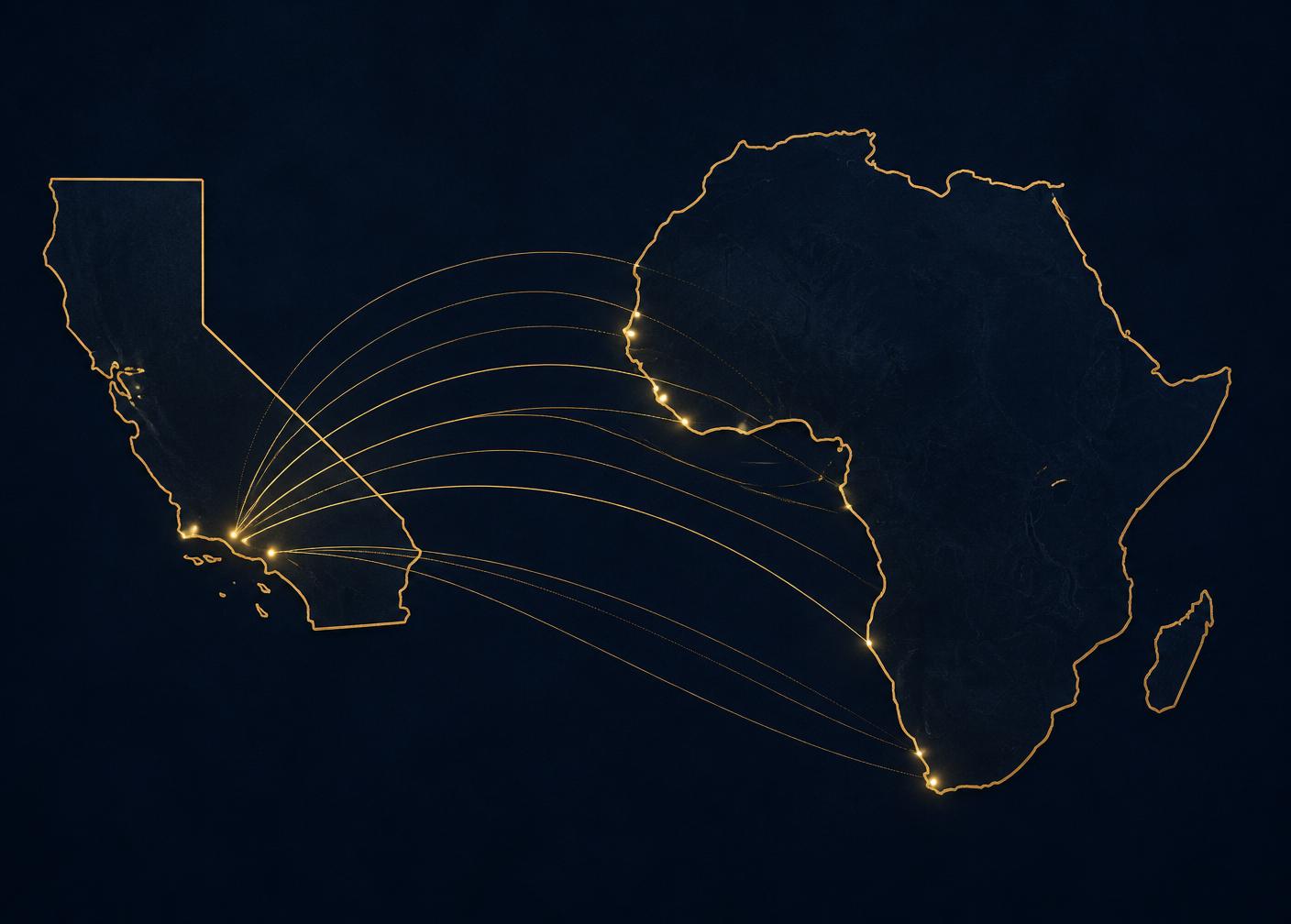 Gold trade routes connecting the outline of California with the African continent