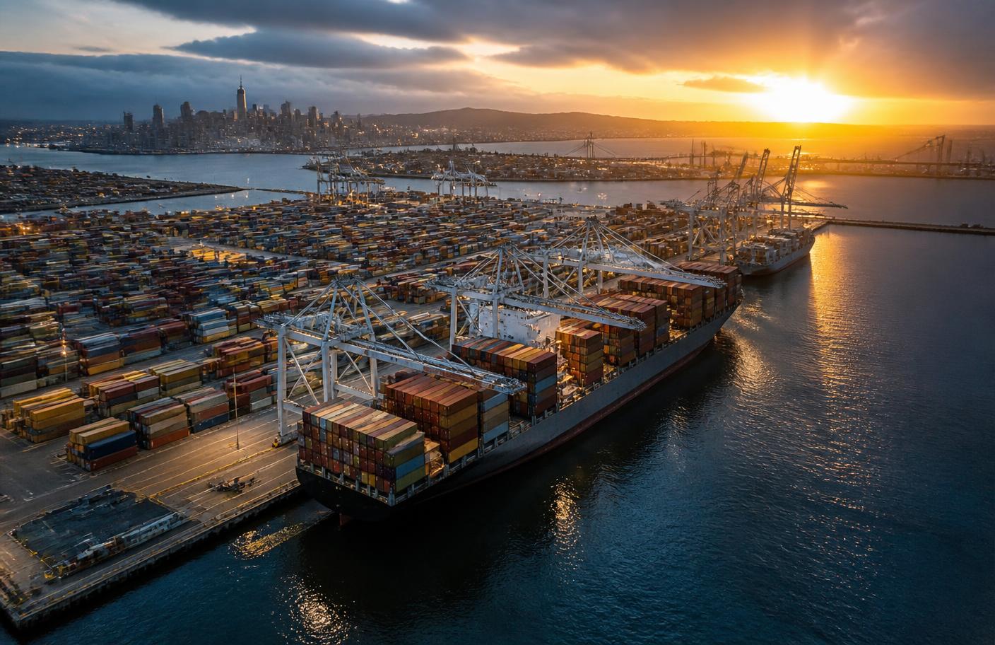 Container terminal at the Port of Oakland at sunset